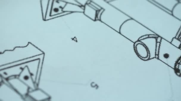 Close up of drawing, construction plan. Stock. Macro super Close-up camera on the slider along the video, we see the blueprint, making notes in tablet range with the help of which made line drawings. — Stock Video