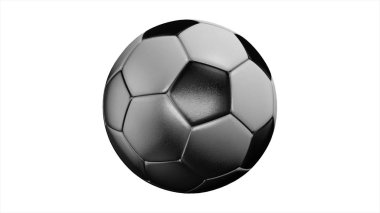 Gerçekçi deri futbol topu beyaz arka plan üzerinde döner. Bir futbol topu beyaz bir arka plan üzerinde animasyon