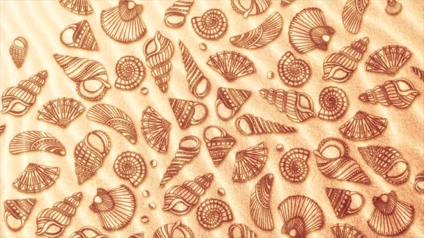 Seashells em fundo de areia amarela. Composição de verão. Conchas e estrelas do mar diferentes deitado sobre fundo de papel amarelo simbolizando a areia . — Vídeo de Stock