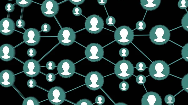 Social connection animation. Icons of people linked to a group on a black background.