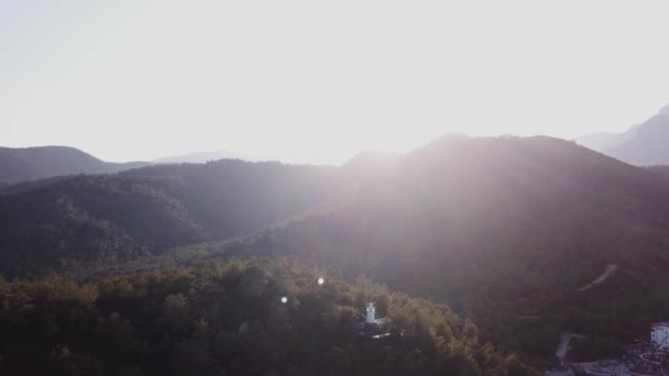 空中の美しい夏の荒野の自然風景。ビデオ。太陽の下で熱帯の山の上から見る。太陽の光を緑の草や木に — ストック動画