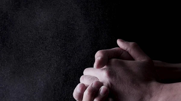 Cotton hands with flour on black background. Frame. Chef clapping hands covered in flour — Stock Photo, Image