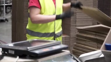 Bir üretim işçisi paketlenmiş ürünler karton kutular, ihracat önce koyarak veya bir kozmetik fabrikasında manuel çalışma sırasında sevkiyat elinde yakından görmek. Küçük. Depo işçisi