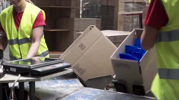 Närbild av händerna på en fabriks arbetare att sätta förpackade produkter i kartong, före export eller transport under manuellt arbete i en fabrik i kosmetika. Klipp. Arbetstagare på lagerställe — Stockvideo