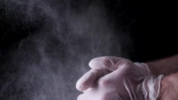 Chef Hands Clapping With Flour In Slow Motion on black background. Frame. Chef Claps Hands Together With Flour, Super Slow Motion — Stock Video