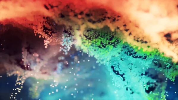 Volando a través de partículas de colores, fondo increíble con vibraciones. Partículas brillantes voladoras abstractas en el espacio, fondo abstracto generado por computadora —  Fotos de Stock