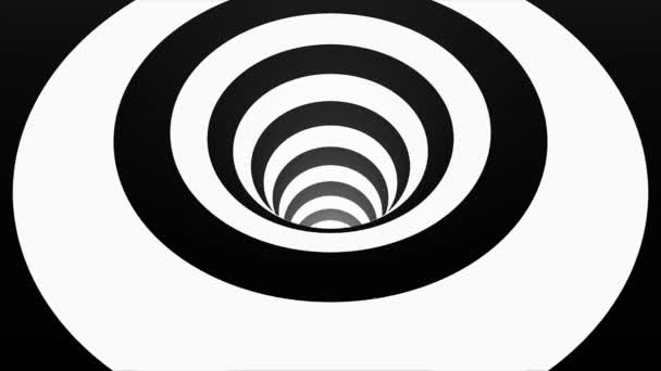 Beyaz ve siyah kareleri animasyonlu hipnotik tünel. Optik illüzyon üç boyutlu geometrik solucan deliği şekil desen hareketli grafik çizgili. Optik yakınlaştırma siyah tarafından oluşturulan yanılsama ve — Stok video