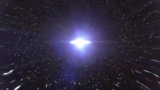 La luz fluye hacia un agujero negro en el espacio. Hiperespacio saltar a través de las estrellas a un espacio distante. Partículas abstractas reunidas en el centro del espacio virtual. Un túnel de luz brillante de partículas — Vídeos de Stock