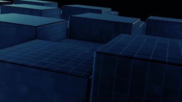 Animación 3D - Fondo abstracto de cubos negros con movimiento de onda. Superficie abstracta de los cubos en movimiento. Superficie oscura que cambia aleatoriamente de cubos redondeados simples y limpios en una escalera escalonada, oscurecida — Vídeos de Stock