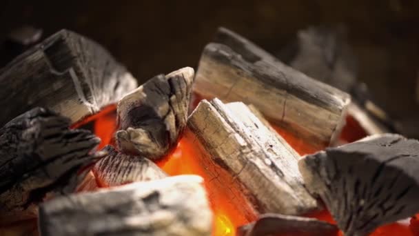 Carvão quente brilhante no churrasco Grill Pit com chamas, Close-up. Carvões em chamas de perto — Vídeo de Stock