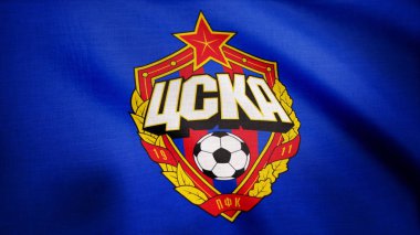 Fc Cska Moskova futbol kulübü logosu, sorunsuz döngü ile bayrak sallayarak yakın çekim. Editoryal animasyon