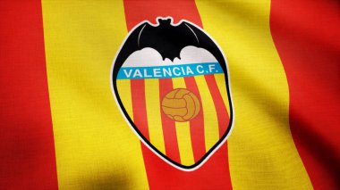 Fc Valencia futbol kulübü logosu, sorunsuz döngü ile bayrak sallayarak yakın çekim. Editoryal animasyon