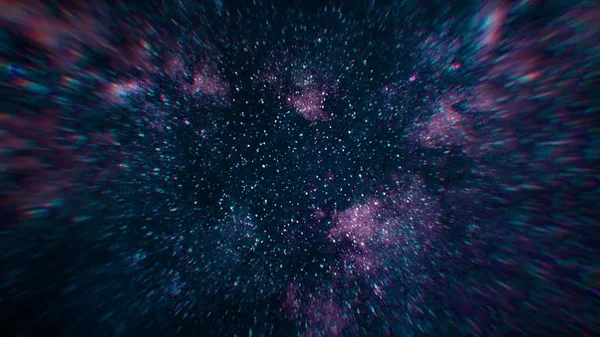 Simulerade rymdfärder genom spridda stora stjärnor. Yttre rymden med stora kluster av stjärnor — Stockfoto