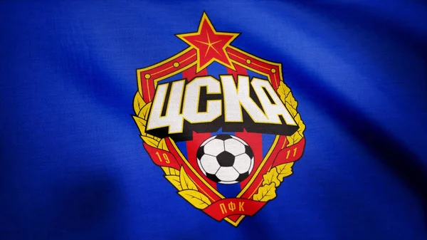 Close-up of waving flag with FC CSKA Moskva football club logo, seamless loop. Editorial animation — Stock Photo, Image