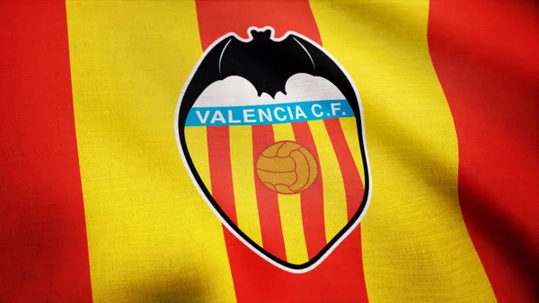 Närbild av viftar flagga med Fc Valencia fotboll klubb logo, sömlös loop. Redaktionella animation — Stockfoto