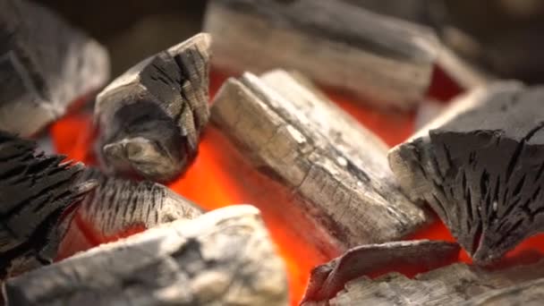 Świecące węgle zbliżenie. Węgiel i drewno opałowe palenie w grill, wewnętrzny materiał filmowy — Wideo stockowe