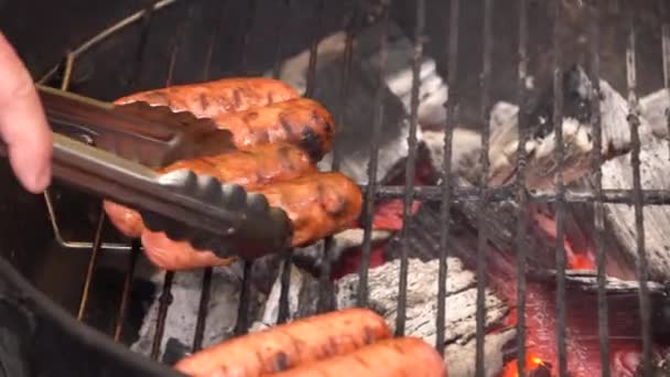 Close-up van worst op de grill. Worsten zijn gegrilde Bbq. gegrilde worst op de vlammende grill — Stockvideo