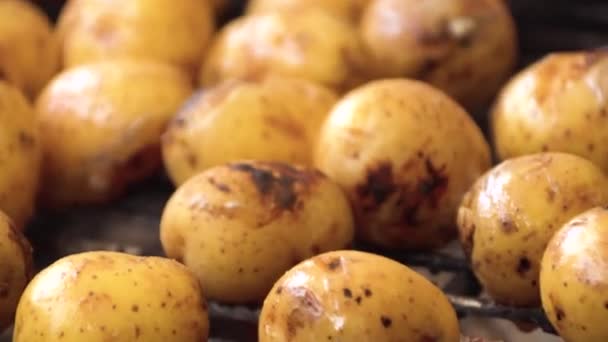 Salsichas grelhadas, batatas assadas na grelha. Enchidos e batatas churrasco grelhado — Vídeo de Stock