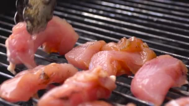 Chef cozinha espeto de peru ou carne de frango shish kebab no churrasco. Cozinhar pequenos pedaços de frango grelhado — Vídeo de Stock