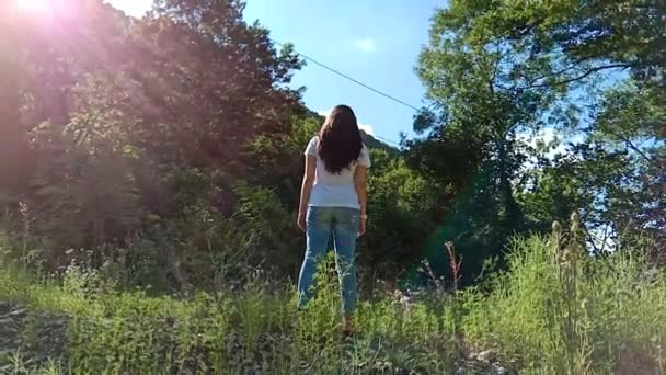 Rückansicht eines Teenie-Mädchens auf dem Sommerfeld mit Sonnenreflexion. junge Frau mit einem Blumenstrauß und erhobenen Händen. Wald und Berge im Hintergrund. zurück — Stockvideo