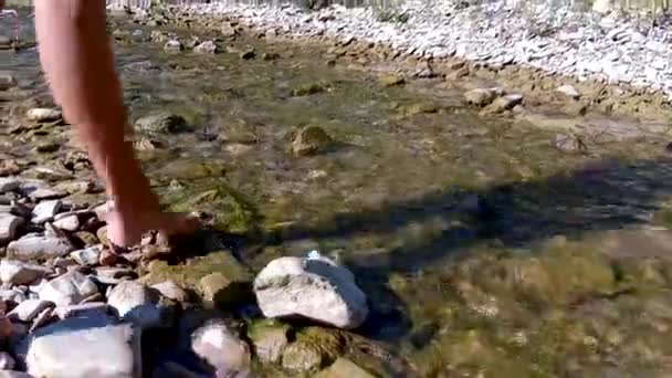 Pojke korsar ån. fötter pojke närbild på en bakgrund av skog ström och stenar. Begreppet vandring. En ung pojke som går längs floden stranden på stenar på en solig sommardag — Stockvideo