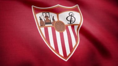 ABD - New York, 12 Ağustos 2018: Sevilla Fc futbol kulübü logosu, sorunsuz döngü ile bayrak sallayarak yakın çekim. Sevilla futbol takımı logolu bayrak sallıyor. Editoryal görüntüleri