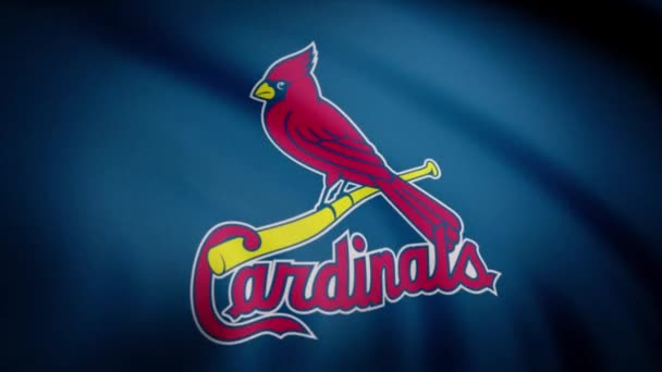EUA - NOVA IORQUE, 12 de agosto de 2018: Bandeira ondulada com o logotipo da equipe profissional St. Louis Cardinals. Close-up da bandeira acenando com o logotipo do clube de beisebol St. Louis Cardinals, loop sem costura. Imagens editoriais — Vídeo de Stock