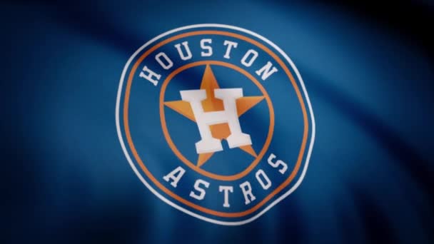Estados Unidos - NUEVA YORK, 12 de agosto de 2018: ondeando bandera con el logotipo del equipo profesional de Houston Astros. Primer plano de la bandera ondeante con el logotipo del equipo de béisbol Houston Astros, lazo sin costuras. Imágenes editoriales — Vídeos de Stock