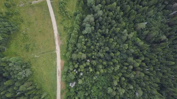 公路穿越森林和岩层。剪辑。在阳光明媚的日子, 在森林附近的道路的顶部视图 — 图库照片