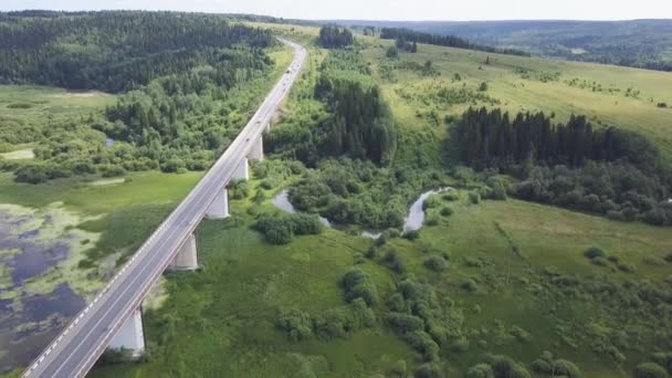 Luchtfoto van de snelweg met bomen en bergen. Clip. Bovenaanzicht van de asfaltweg in bosrijke omgeving — Stockvideo