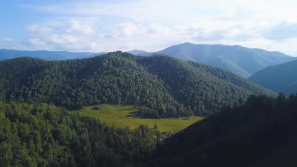 Vale verde da montanha, paisagem aérea. Clipe. Altai, Rússia. Paisagem aérea das montanhas Altai. Cordilheira atrás de planícies arborizadas. Altai montanhas removidas do drone, vista aérea — Vídeo de Stock