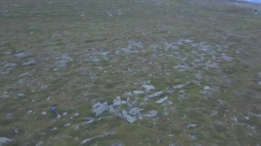 Üstten görünüm bir adam gezgin yeşil bir alanda. Küçük. Özgürlük ve macera kavramı