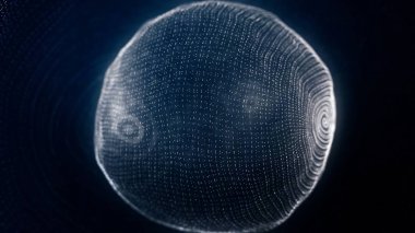 Küre dönen puan, parçacıklar. Animasyon döngüsü. Teknolojik animasyon noktalarından küresel şekli