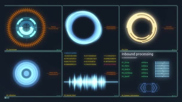 Interface futuriste. Écran numérique. Fond numérique abstrait ultra détaillé. Indicateurs et états de clignotement et de commutation montrant le travail du centre de commande, le traitement des mégadonnées, la profondeur de la machine — Video