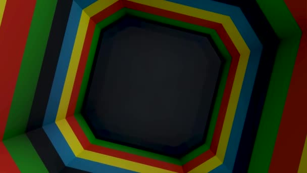 Bergerak melalui terowongan warna spiral lurus. Looped animasi. Memutar warna terowongan dari bentuk persegi — Stok Video