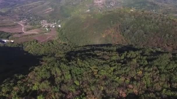 在清晨鸟瞰山谷的看法。拍摄。空中鸟瞰无人驾驶飞机在山谷中与松树林在山范围内飞行 — 图库视频影像