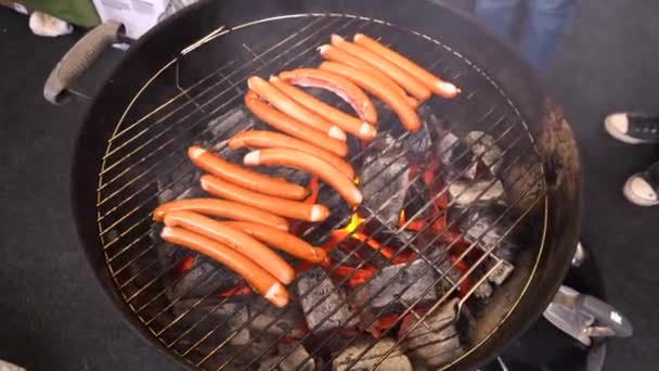 Salsichas grelhadas. Fechar a salsicha na grelha. Enchidos caseiros. Salsichas bávaras — Vídeo de Stock