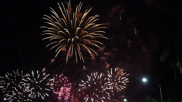 Bela exibição de fogo de artifício colorido para celebração feliz. Fogos de artifício na cidade — Fotografia de Stock