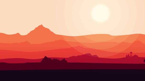 Fond coloré de la nature dessin animé. Animation d'un beau fond de coucher de soleil rouge avec quelques nuages et paysages de montagnes. Coucher de soleil ambiant Fond boucle transparente . — Video