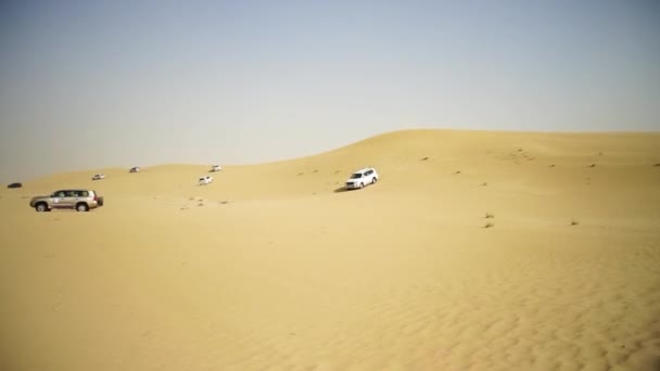 Öken Safari stadsjeepar bashing genom arabian sanddynerna. SUV tur genom Arabiska öknen — Stockvideo