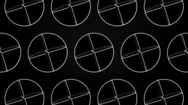 Beyaz kesişen animasyon daireler. Siyah bir zemin üzerine karmaşık geometrik şekiller dönen Soyut animasyon
