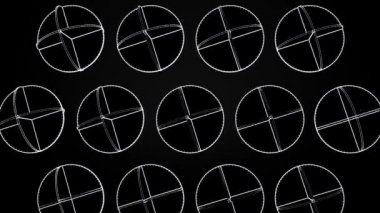 Beyaz kesişen animasyon daireler. Siyah bir zemin üzerine karmaşık geometrik şekiller dönen Soyut animasyon