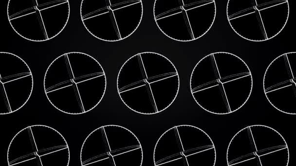 Анимация пересекающихся белых кругов. Абстрактная анимация вращающихся сложных геометрических фигур на черном фоне — стоковое видео