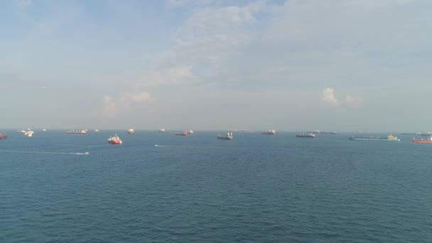 Petroleiro bruto e GLP Carregando no porto na vista do mar de cima. Atingido. Paisagem da vista das aves dos navios de carga que entram em um dos portos mais movimentados do mundo, Singapura — Vídeo de Stock