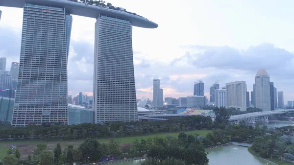 Aerial view Super tree grove in Gardens by the Bay and Marina Bay Sands in Singapore. Shot. Top view of the Park in Singapore — Stock Photo, Image