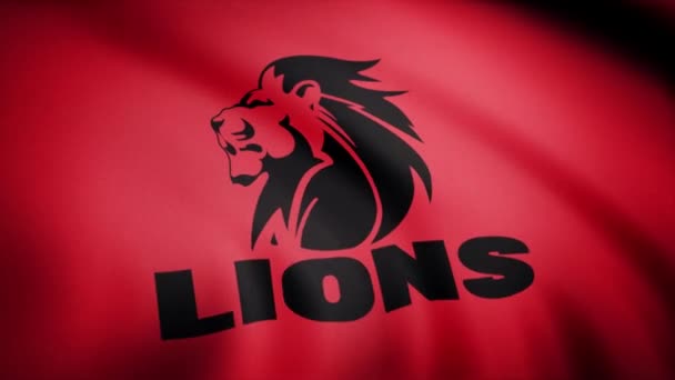 Mávat vlajkou vítr se symbolem Rugby týmu lvů. Sport koncept. Pouze pro redakční použití — Stock video