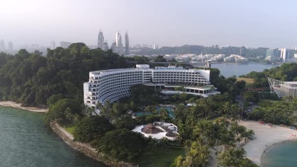 Singapur - červen, 2018: Pohled shora domů na palm beach. Střela. Pohled shora na moře s palmami a luxusní hotel. Letecký pohled shora na šířku — Stock video