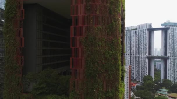 Szingapúr, 2018 június: A szép közeli kép: Oasia Hotel Singapore Szállás. Lövés. A zöldellő torony a zöld Szingapúr s sűrű központi üzleti negyed szívében — Stock videók