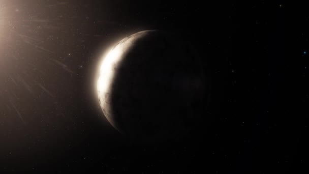 Hermoso planeta gira sobre el fondo del cielo nocturno. Planet With Nebula In Deep Space (en inglés). Rotación del planeta en el espacio estrellado profundo con una nebulosa en el fondo. Planeta sin vida con estrellas y luz solar — Vídeos de Stock