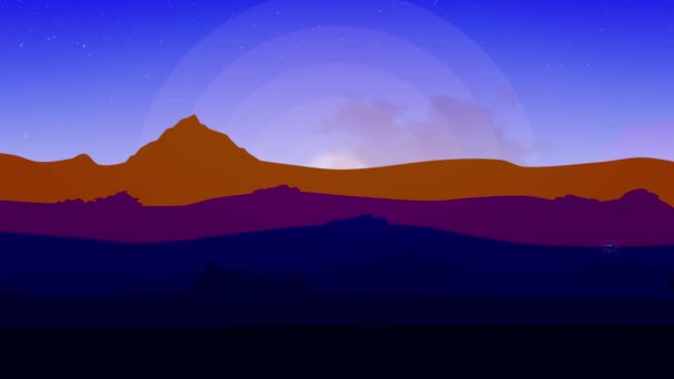 Cartoon tour près des montagnes. Vue panoramique d'une crête de montagne lors d'un coucher de soleil coloré. Route animée dans la soirée. Dunes animées du désert de la bande dessinée au coucher ou au lever du soleil. Paysage animé — Video